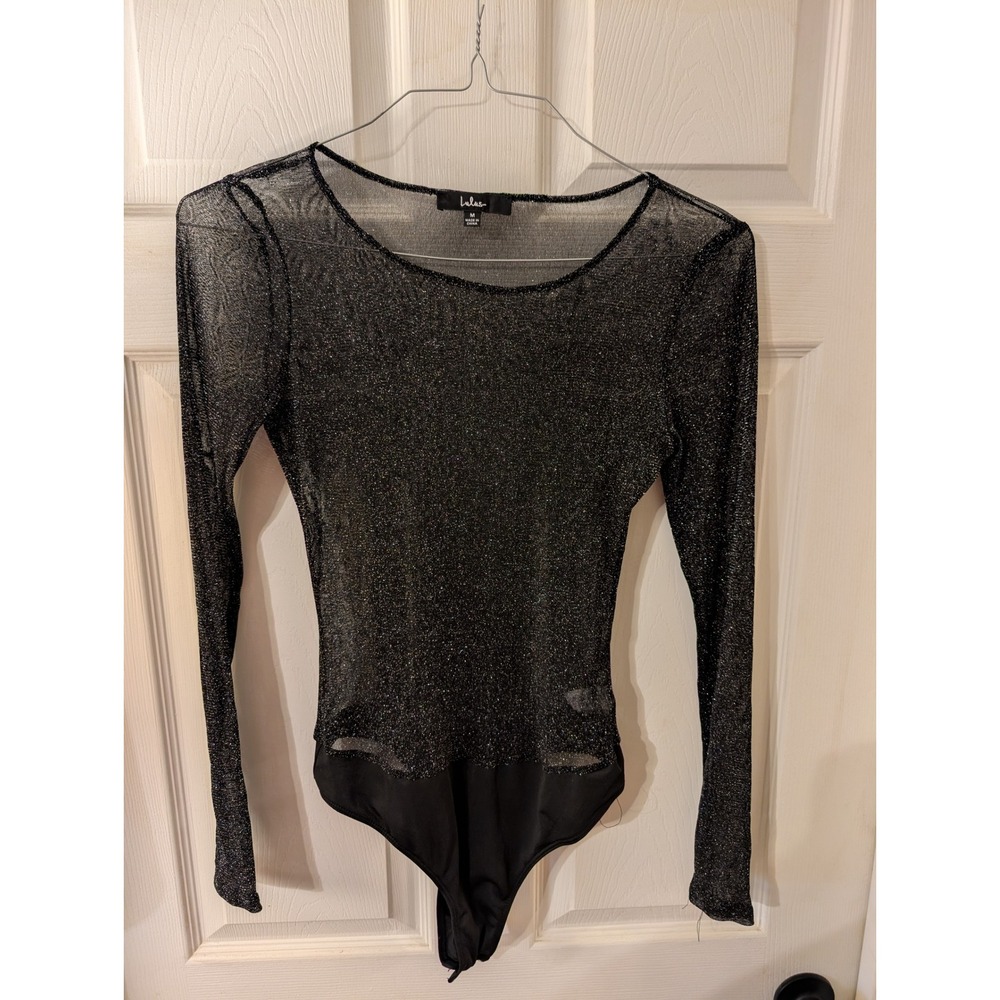 Lulus Black Silver Metallic Sheer Mesh Long Sleeve Bodysuit G3019 Medium
